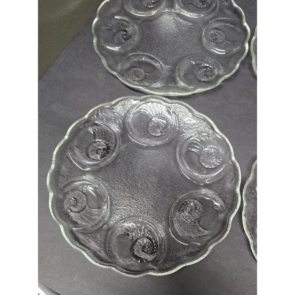Vintage Clear Pressed Glass Snail Escargot Seafood Plates Set Of 4 Round